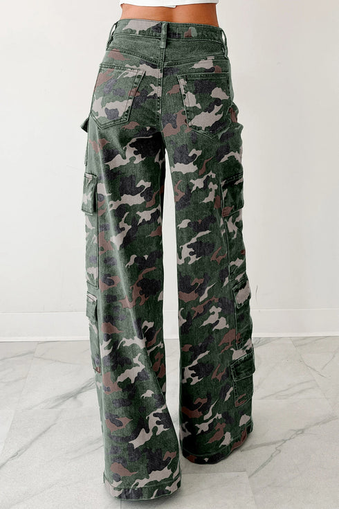 Camouflage Print Wide Leg Cargo Utility Denim Jeans