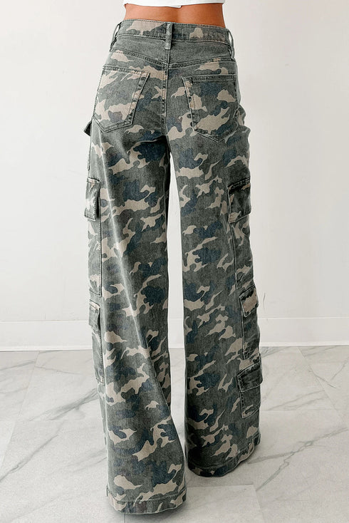 Camouflage Print Wide Leg Cargo Utility Denim Jeans