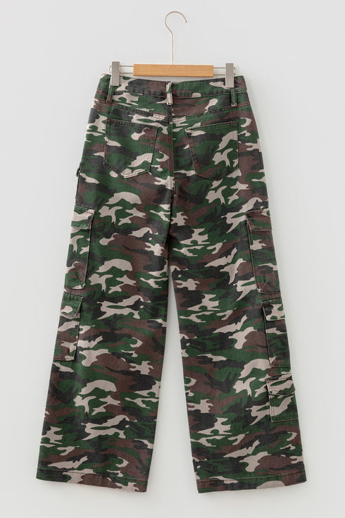 Camouflage Print Wide Leg Cargo Utility Denim Jeans