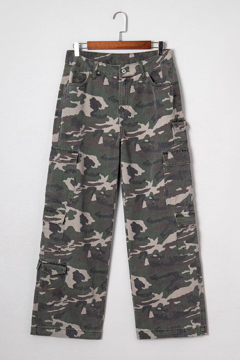 Camouflage Print Wide Leg Cargo Utility Denim Jeans