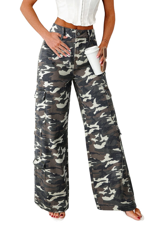 Camouflage Print Wide Leg Cargo Utility Denim Jeans