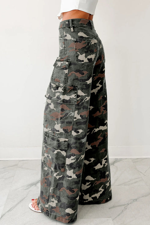 Camouflage Print Wide Leg Cargo Utility Denim Jeans