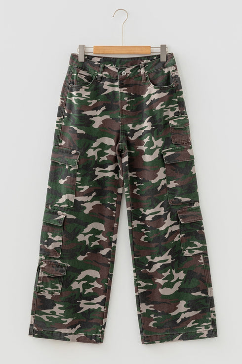 Camouflage Print Wide Leg Cargo Utility Denim Jeans