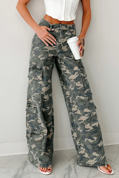 Camouflage Print Wide Leg Cargo Utility Denim Jeans
