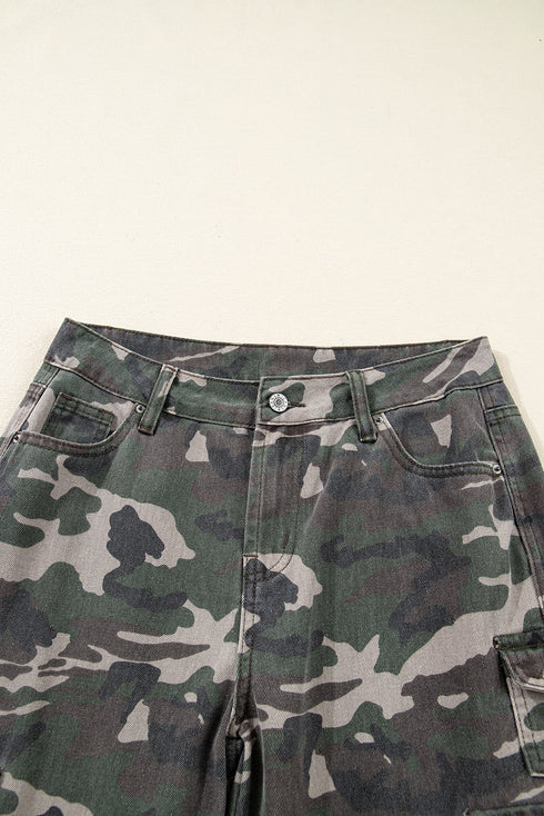 Camouflage Print Wide Leg Cargo Utility Denim Jeans