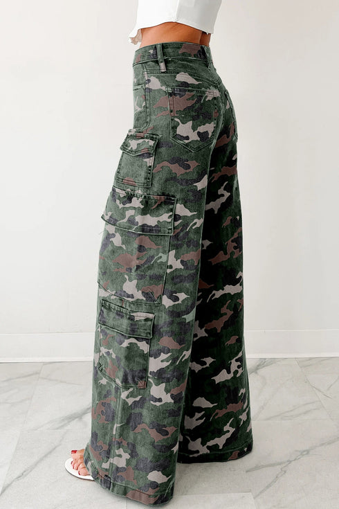 Camouflage Print Wide Leg Cargo Utility Denim Jeans