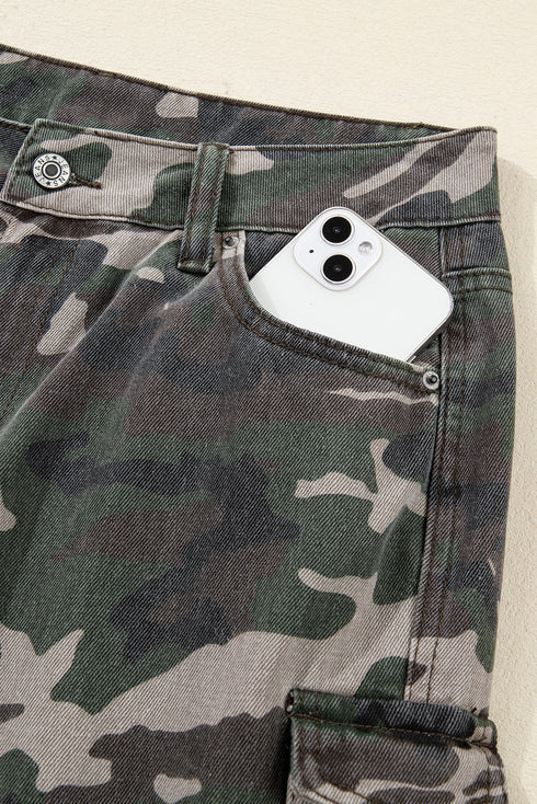 Camouflage Print Wide Leg Cargo Utility Denim Jeans