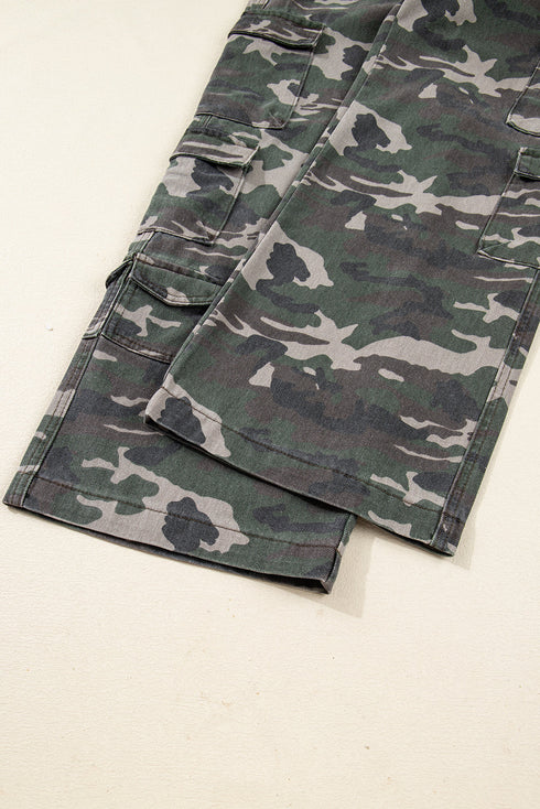 Camouflage Print Wide Leg Cargo Utility Denim Jeans