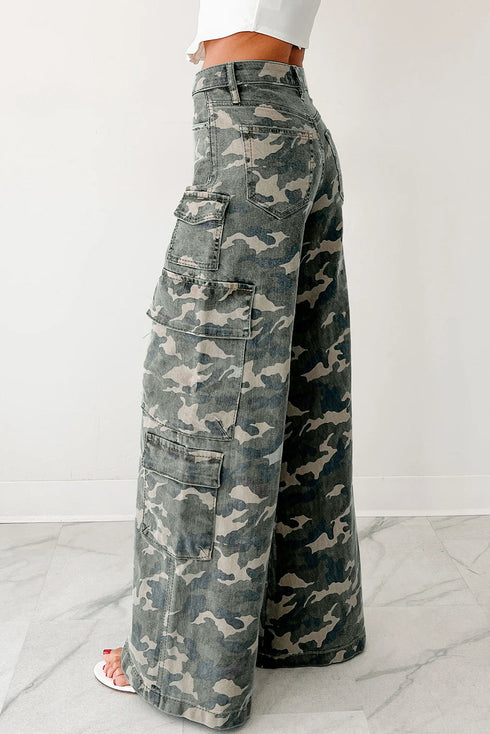 Camouflage Print Wide Leg Cargo Utility Denim Jeans