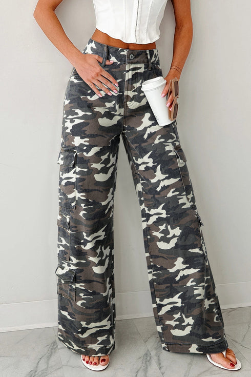 Camouflage Print Wide Leg Cargo Utility Denim Jeans