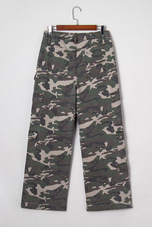 Camouflage Print Wide Leg Cargo Utility Denim Jeans