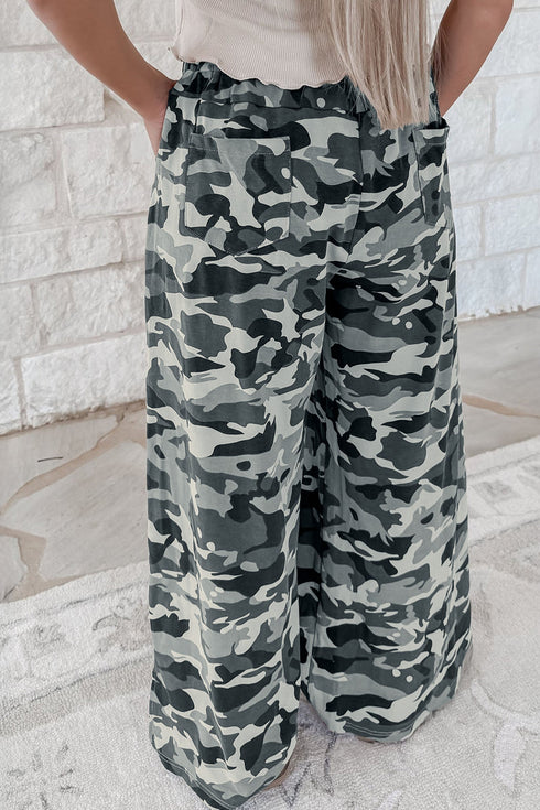 Camouflage Print Wide Leg Drawstring Western Pants