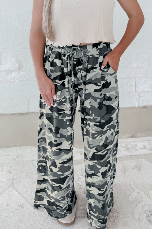Camouflage Print Wide Leg Drawstring Western Pants