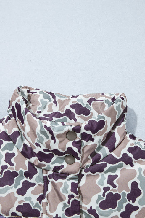 Camouflage Puffer Stand Neck Zip Up Sleeveless Vest