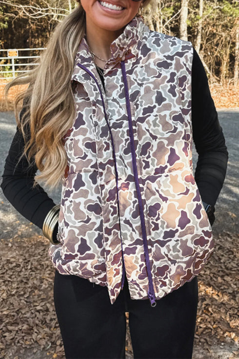 Camouflage Puffer Stand Neck Zip Up Sleeveless Vest