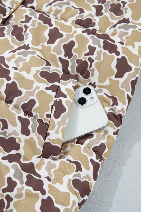 Camouflage Quilted Metal Button Collared Puffer Coat