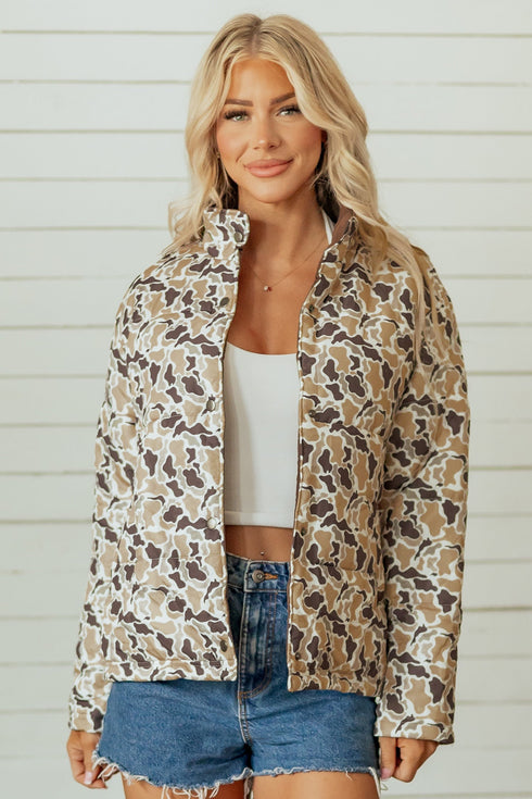 Camouflage Quilted Metal Button Collared Puffer Coat