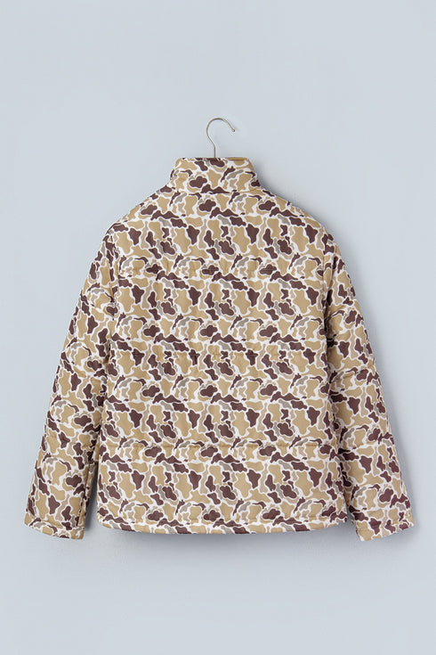 Camouflage Quilted Metal Button Collared Puffer Coat