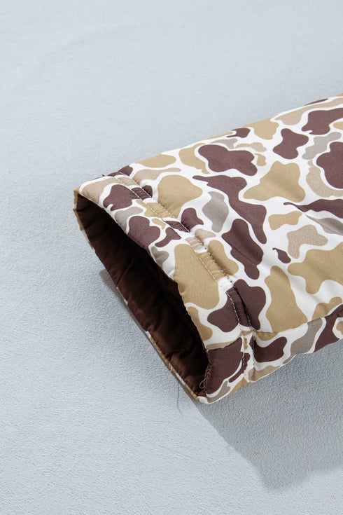 Camouflage Quilted Metal Button Collared Puffer Coat