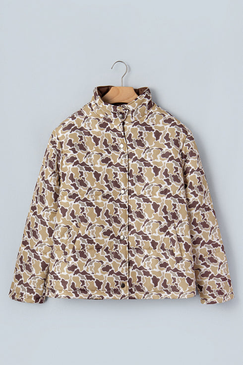 Camouflage Quilted Metal Button Collared Puffer Coat