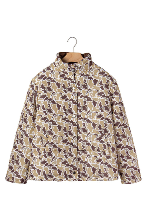 Camouflage Quilted Metal Button Collared Puffer Coat