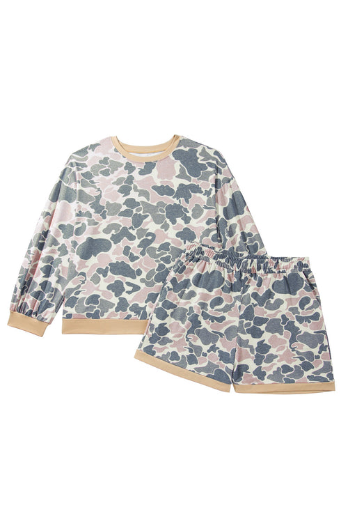 Camouflage Round Neck Drop Shoulder Pullover Lounge Set