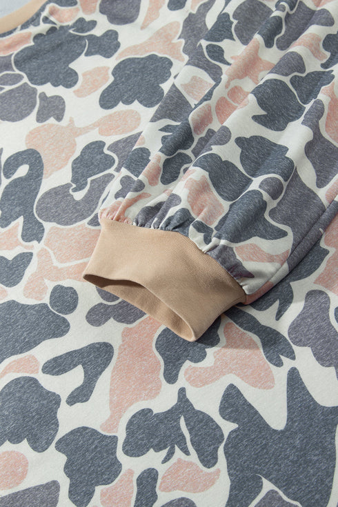 Camouflage Round Neck Drop Shoulder Pullover Lounge Set