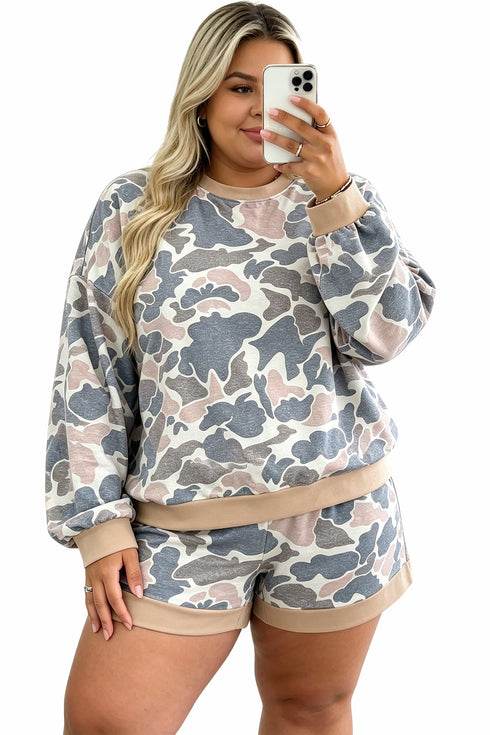 Camouflage Round Neck Drop Shoulder Pullover Lounge Set