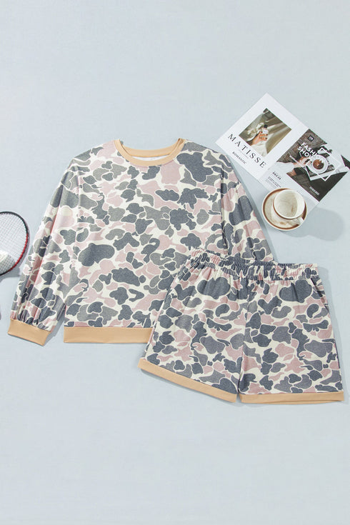 Camouflage Round Neck Drop Shoulder Pullover Lounge Set