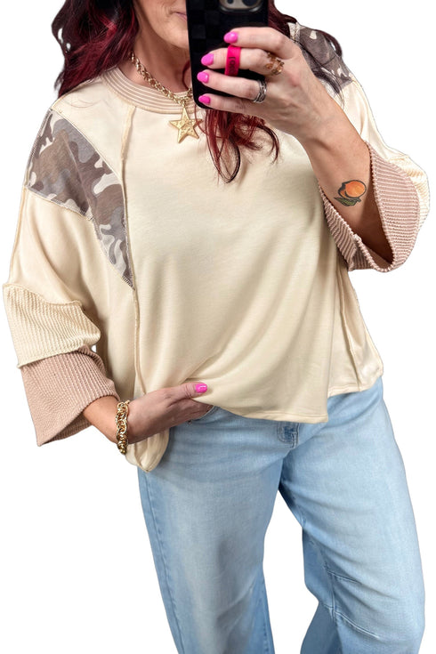 Camouflage Twist Rib Patchwork Three Quarter Sleeve Top