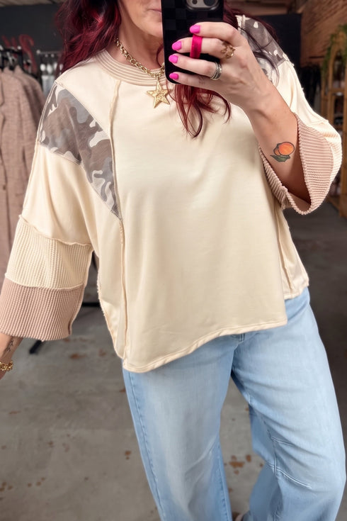 Camouflage Twist Rib Patchwork Three Quarter Sleeve Top