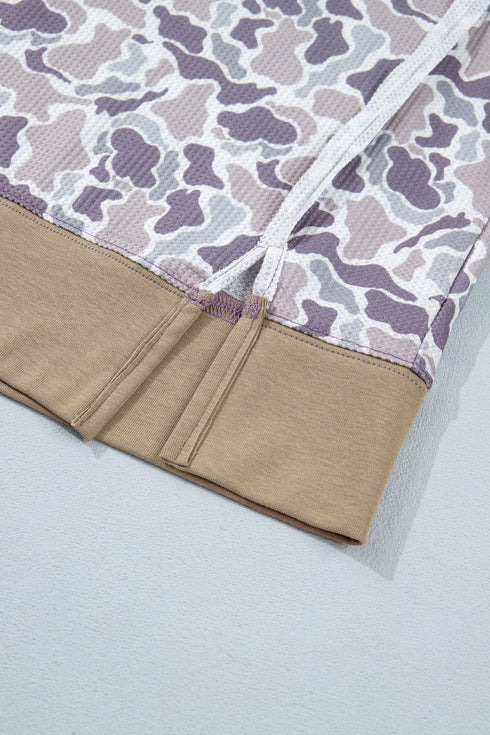 Camouflage Waffle Knit Trim Long Sleeve Top