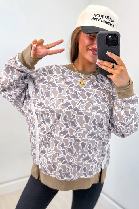 Camouflage Waffle Knit Trim Long Sleeve Top