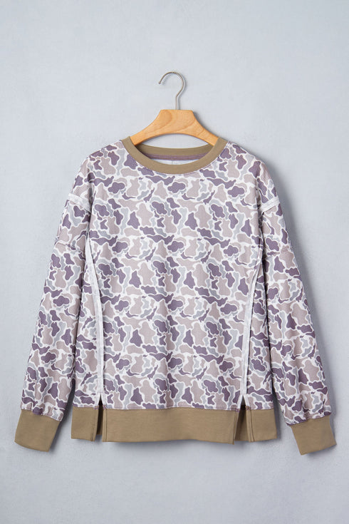 Camouflage Waffle Knit Trim Long Sleeve Top