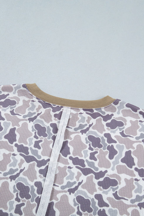 Camouflage Waffle Knit Trim Long Sleeve Top