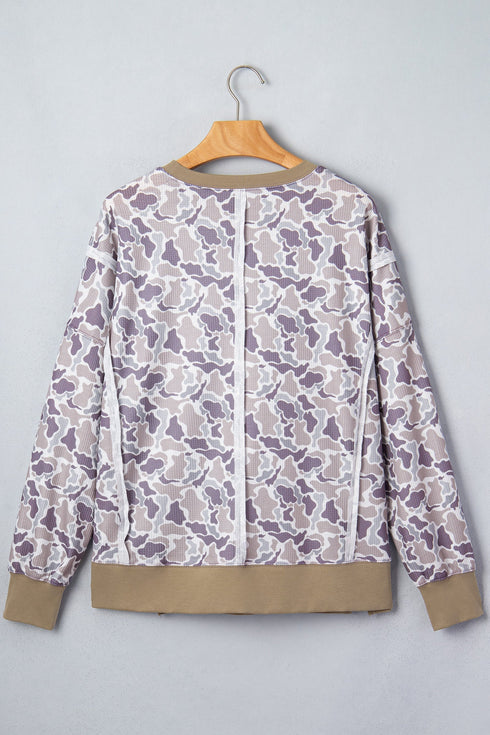 Camouflage Waffle Knit Trim Long Sleeve Top