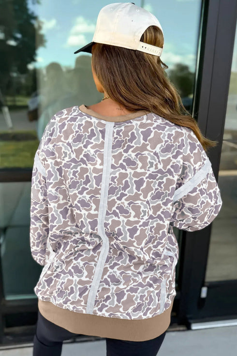 Camouflage Waffle Knit Trim Long Sleeve Top