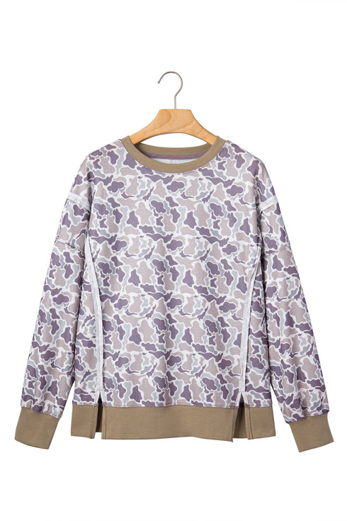 Camouflage Waffle Knit Trim Long Sleeve Top