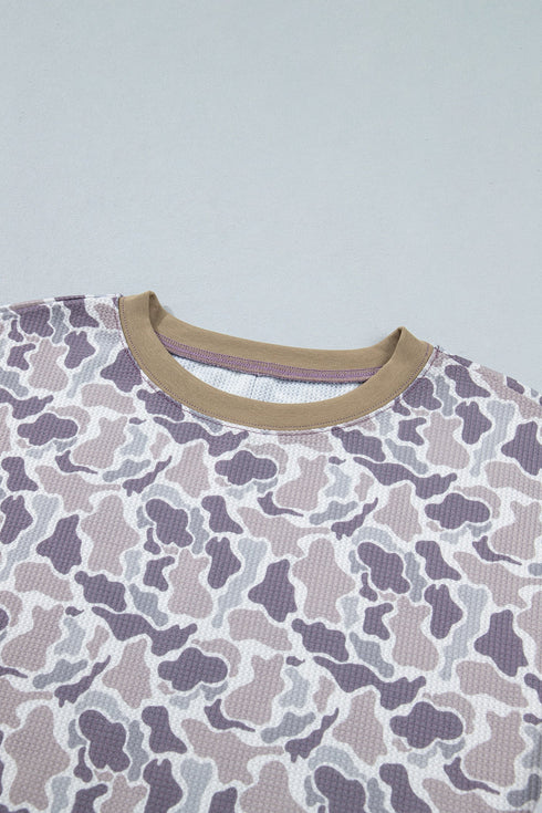 Camouflage Waffle Knit Trim Long Sleeve Top