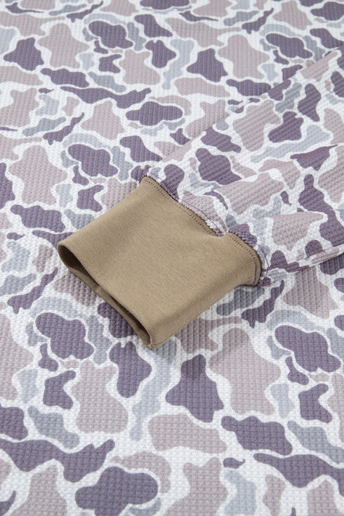 Camouflage Waffle Knit Trim Long Sleeve Top