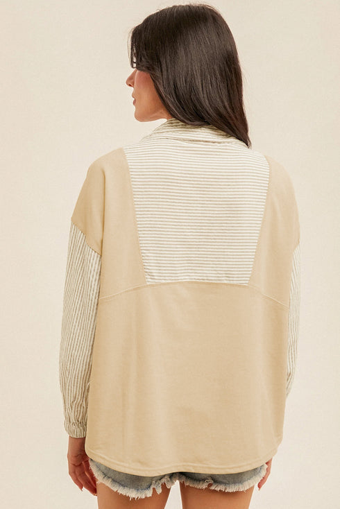 Campus Cool Striped Mix Media Half Zip Collared Pullover Sweatshirt