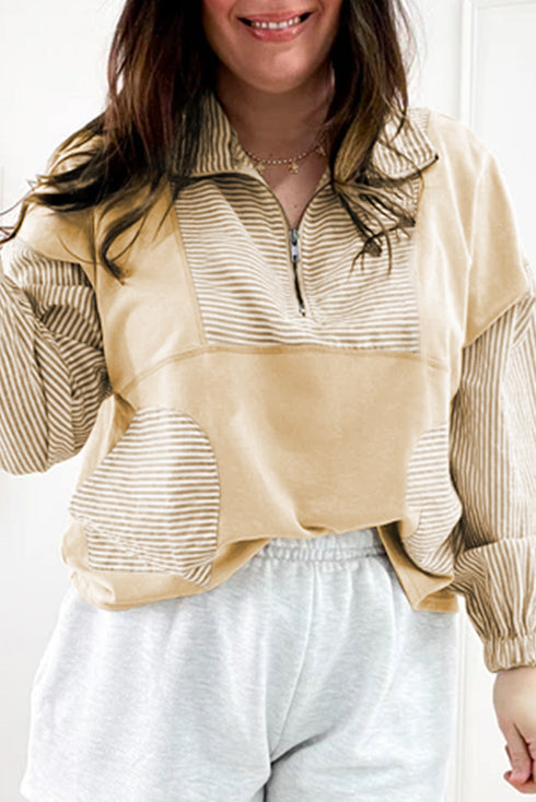 Campus Cool Striped Mix Media Half Zip Collared Pullover Sweatshirt