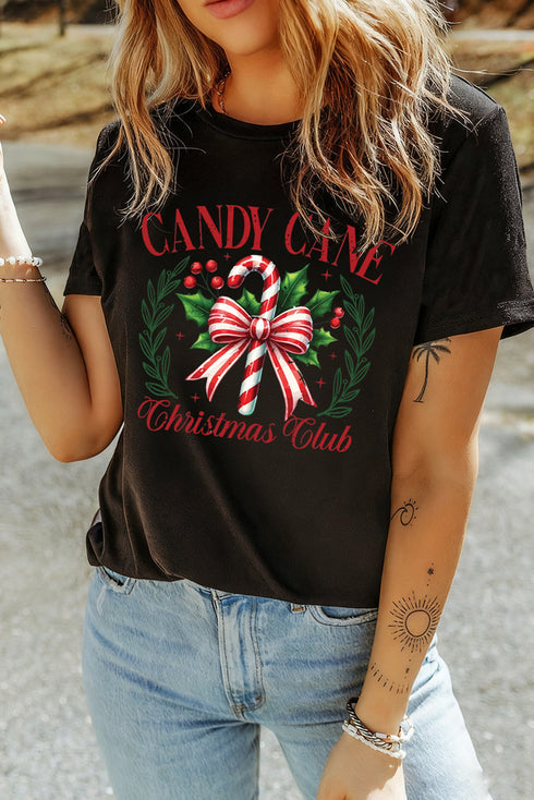 Candy Cane Bow Letter Graphic Christmas Tee