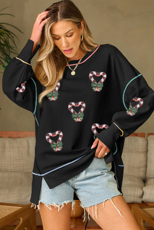 Candy Cane Heart Sequin Patch Contrast Seam Oversized Sweatshirt