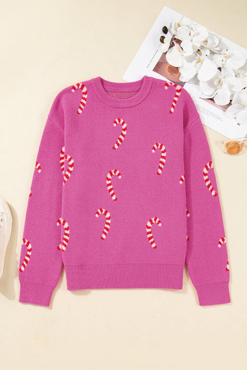 Candy Cane Jacquard Drop Shoulder Crew Neck Pullover Sweater