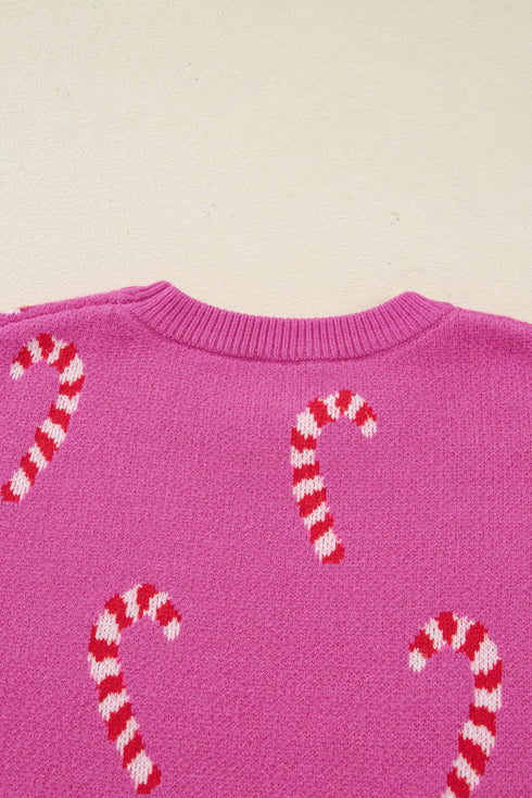 Candy Cane Jacquard Drop Shoulder Crew Neck Pullover Sweater