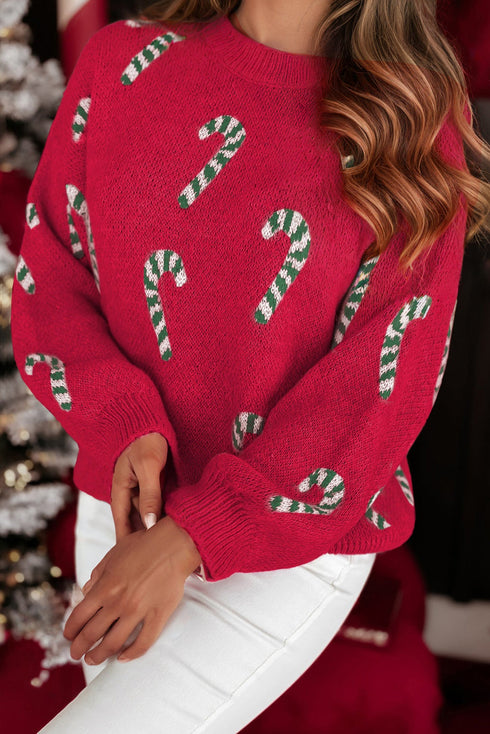 Candy Cane Jacquard Drop Shoulder Crew Neck Pullover Sweater