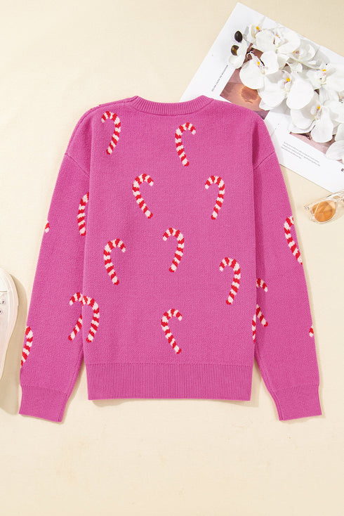 Candy Cane Jacquard Drop Shoulder Crew Neck Pullover Sweater