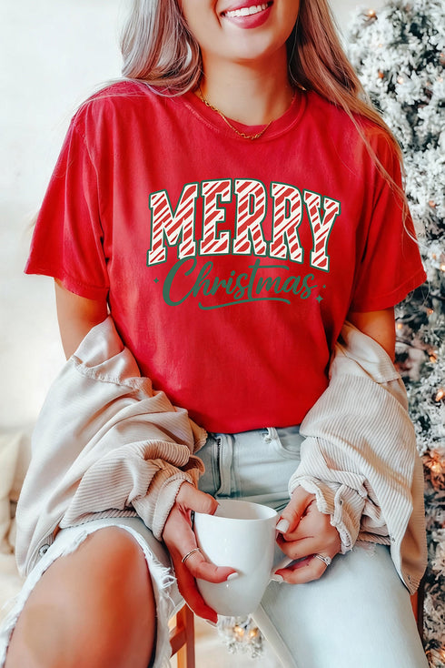 Candy Cane Merry Christmas Script Graphic Tee
