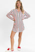 Candy Cane Stripe Piped Notched Collar Button Front Chest Pocket Shirt Tail Lounge Dress